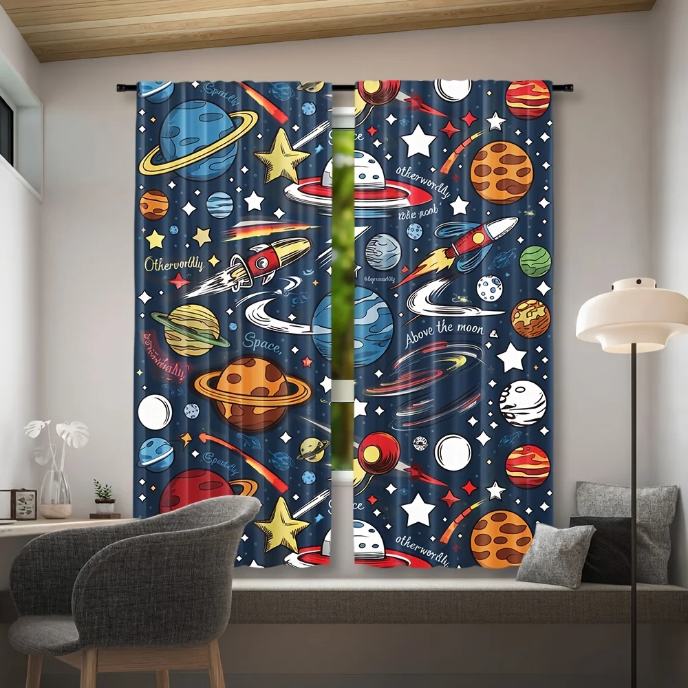 Cartoon Sketch Cosmic Planet Rocket Blackout Rod Pocket Curtain Dark Blue Starry Decor Kids Homestay Bedroom Rest Bay Window