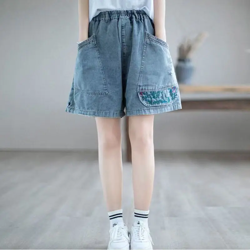 Summer New Versatile Loose Elasticity High Waist Wide Leg Shorts Women Fashion Embroidered Casual Personality Denim Shorts