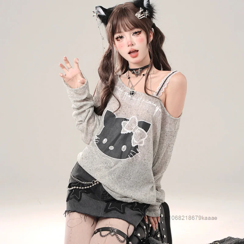 Sanrio Hello Kitty American Style Gray Long Sleeved T-shirt Women\'s Summer Loose Y2k Spicy Girl Off Shoulder Fake Two Piece Top