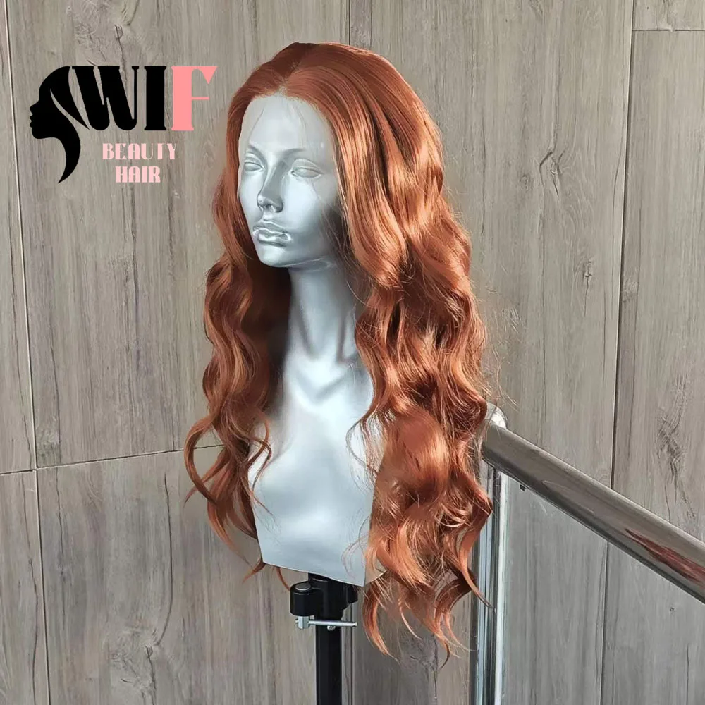 WIF Body Wavy Reddish Brown Color Synthetic Wig Long Hair Water Wavy Heat Fiber Long Hair Lace Front Wigs Women Use Daily Hair