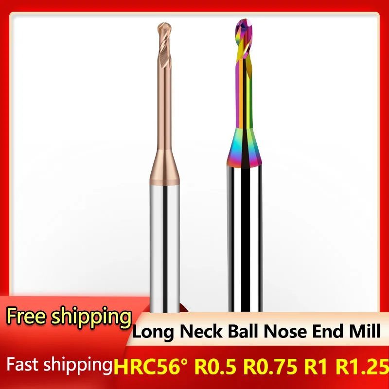 HRC56 2 flutes Long Necked Ball Nose Deep Groove Cutter Tungsten Steel Milling Cutter CNC Router bits Lathe Tool Machine Tools