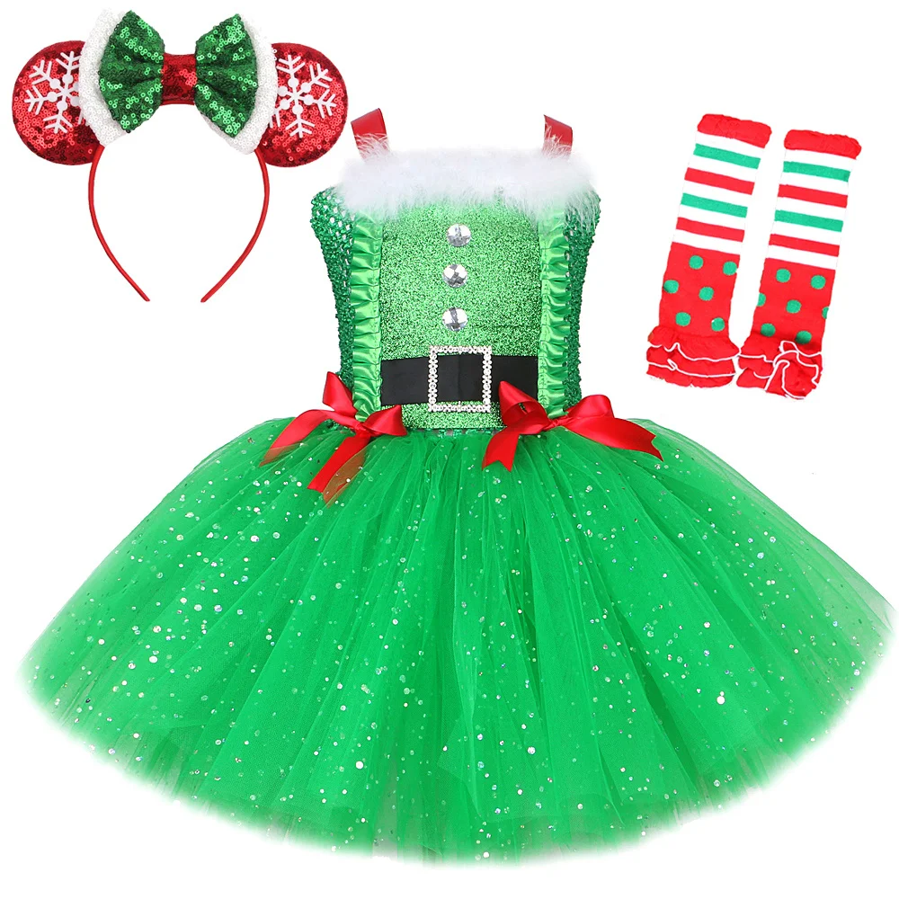 

Sparkly Christmas Elf Tutu Dress for Girls Santa Claus Costumes for Kids Birthday Halloween Outfit Children Xmas Holiday Clothes