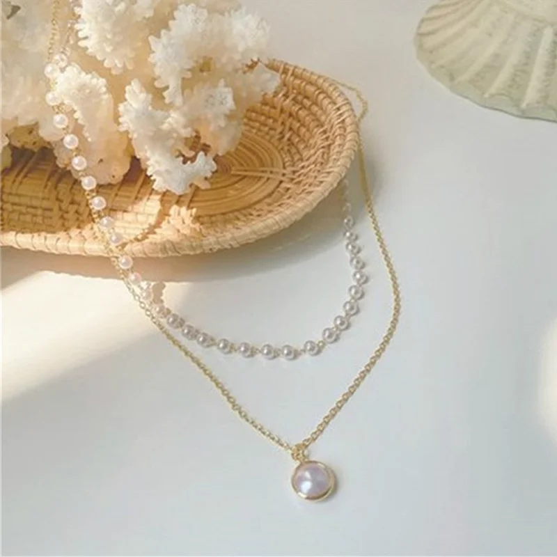 New Double Layer Chain Pendant Necklace Imitation Pearl Choker Necklaces For Women Fashion Elegant Simple Super Fairy Jewelry