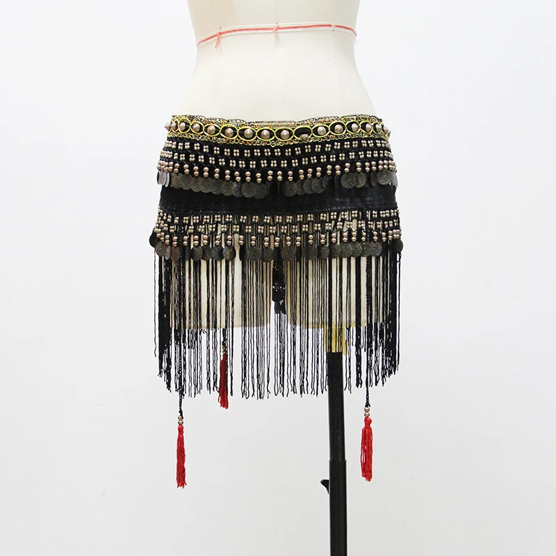 Pas do tańca brzucha z monetami, kostium tribal, frędzle, cekiny, łańcuszek na talię, akcesoria dla tancerki orientalnej/indyjskiej