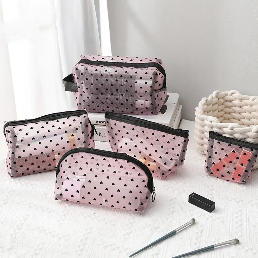 Heart Transparent Mesh Makeup Bag Multifunction Portable Women Cosmetic Storage Pouch Blue/Purple Lipstick Organizer Bags