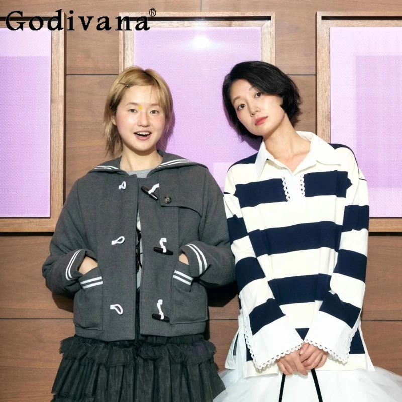 

Японские милые модные полосатые топы с длинными рукавами, весна-осень 2025 года, женские свободные тонкие топы с воротником-поло для девочек, женская повседневная футболка