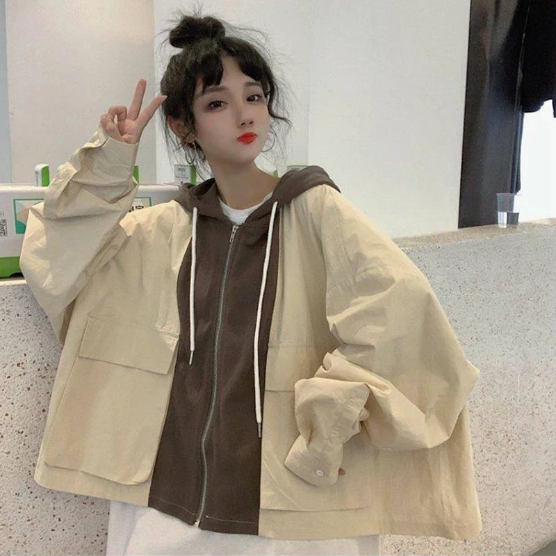 Hdspq Vintage Hooded Patchwork Jacket Women Spring Autumn Fashion Short Zipper Cargo Coats Woman Korean Student Loose Overcoat