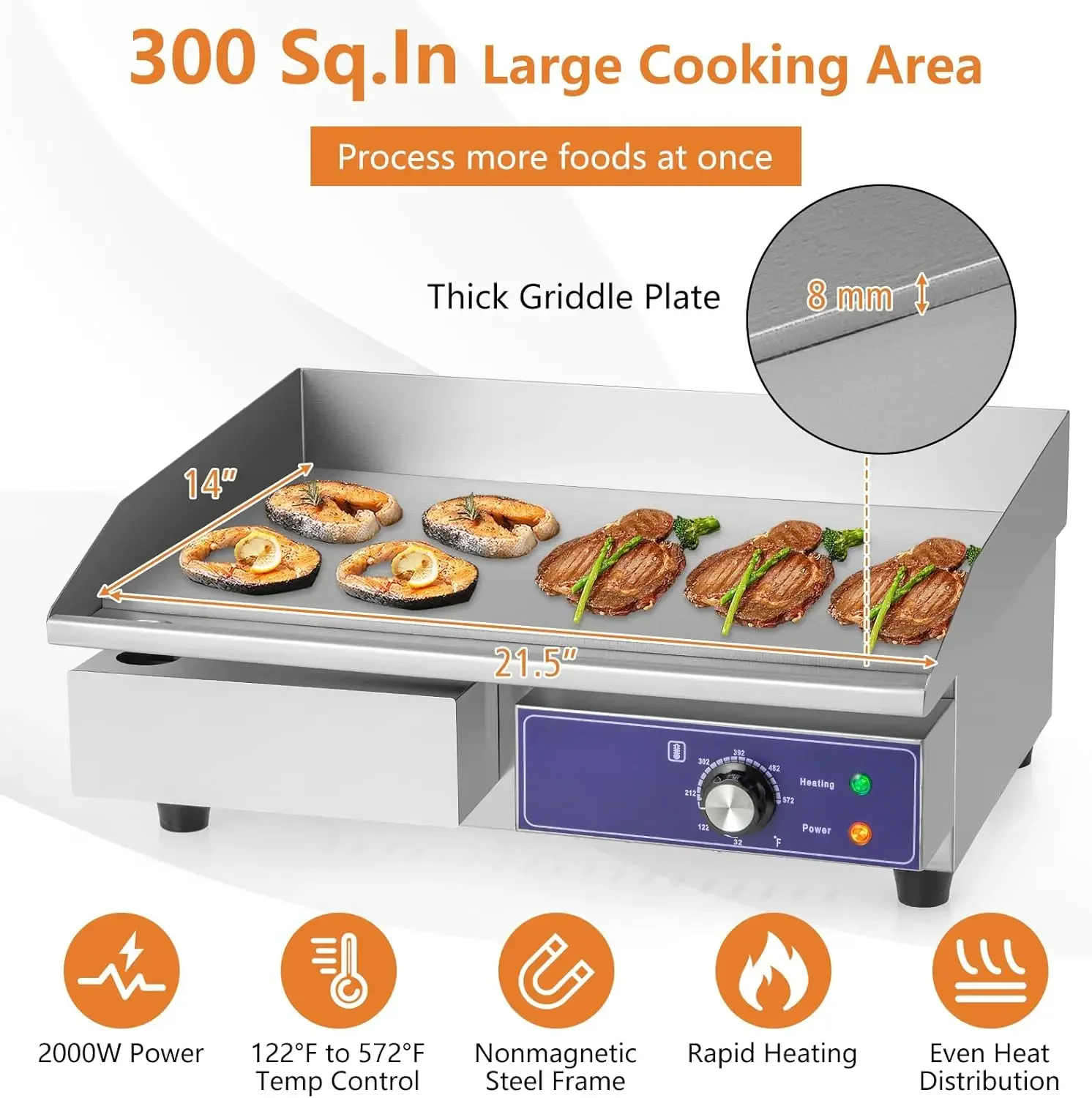 Commercial Griddle, 22" Electric Griddle 2000W, Cast Iron Griddle, Stainless Steel Frame, 122℉-572℉ Adjustable Temperature Contr