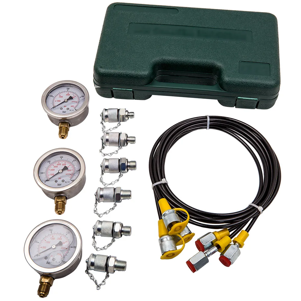 Hydraulic Pressure Gauge Kit Excavator Hydraulic Pressure Meauring Device  with 3x Connect Hose 6x Couplings 1x Carry Case