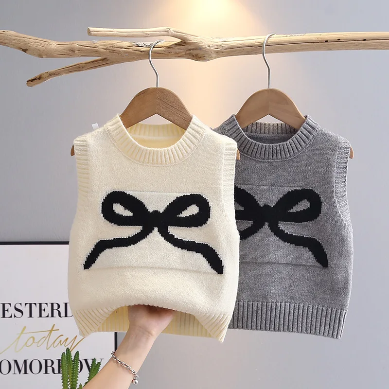 

Knitting Vest Little Girls Thin Comfortable Breathable Round Neck Sleeveless Pullover Solid Color Bow-tie Versatile Tops IY06121