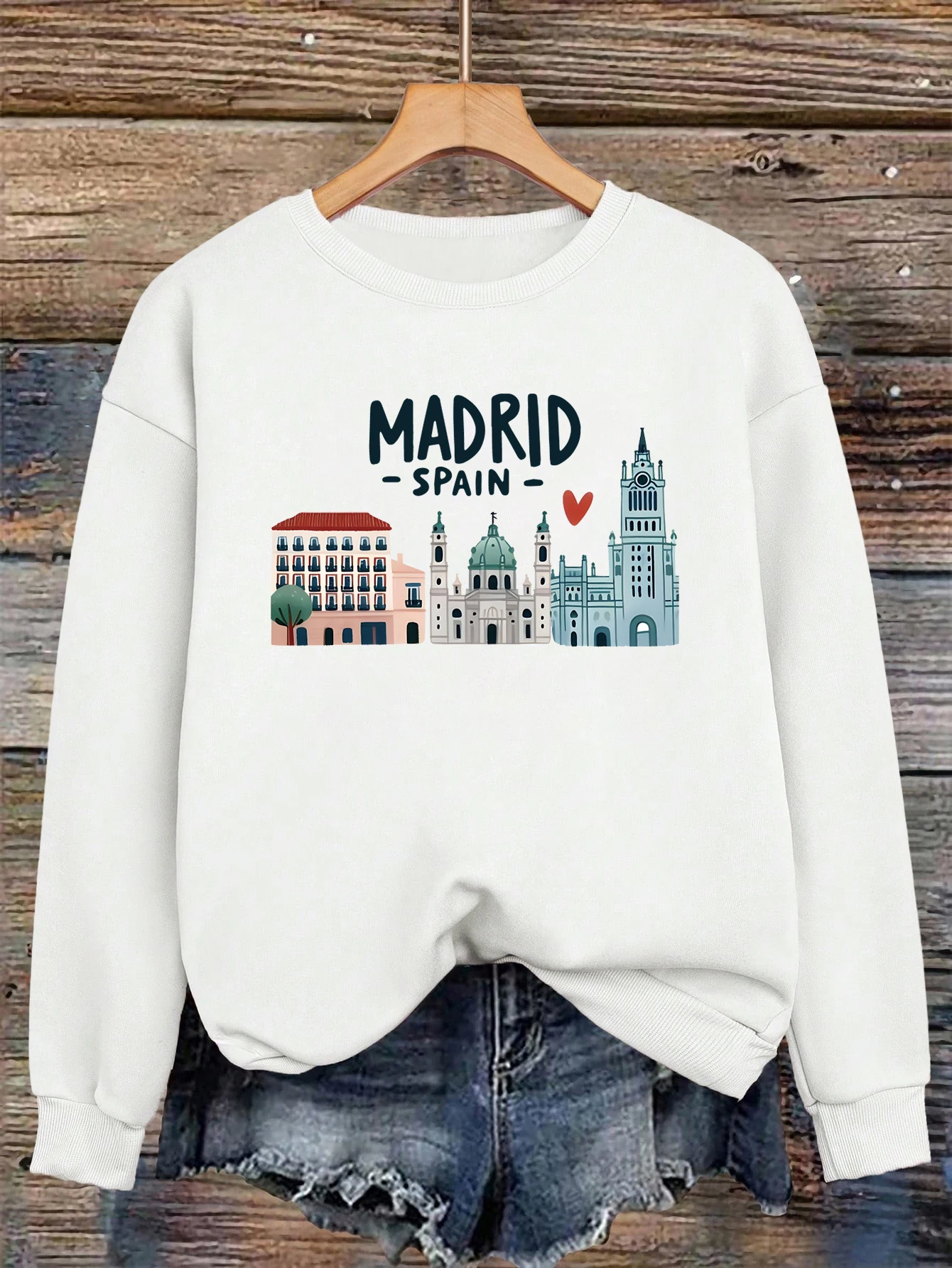 

Мадрид Испания, женский свитшот с принтом здания, универсальная спортивная одежда Y2K, одежда в стиле хип-хоп с круглым вырезом, осенние флисовые пуловеры