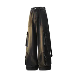 NEW JEANS High quality Multi-pocket Design High-street Cargo Pants Women 2025Wide-leg Washable High-waisted Jeans Baggy Trousers