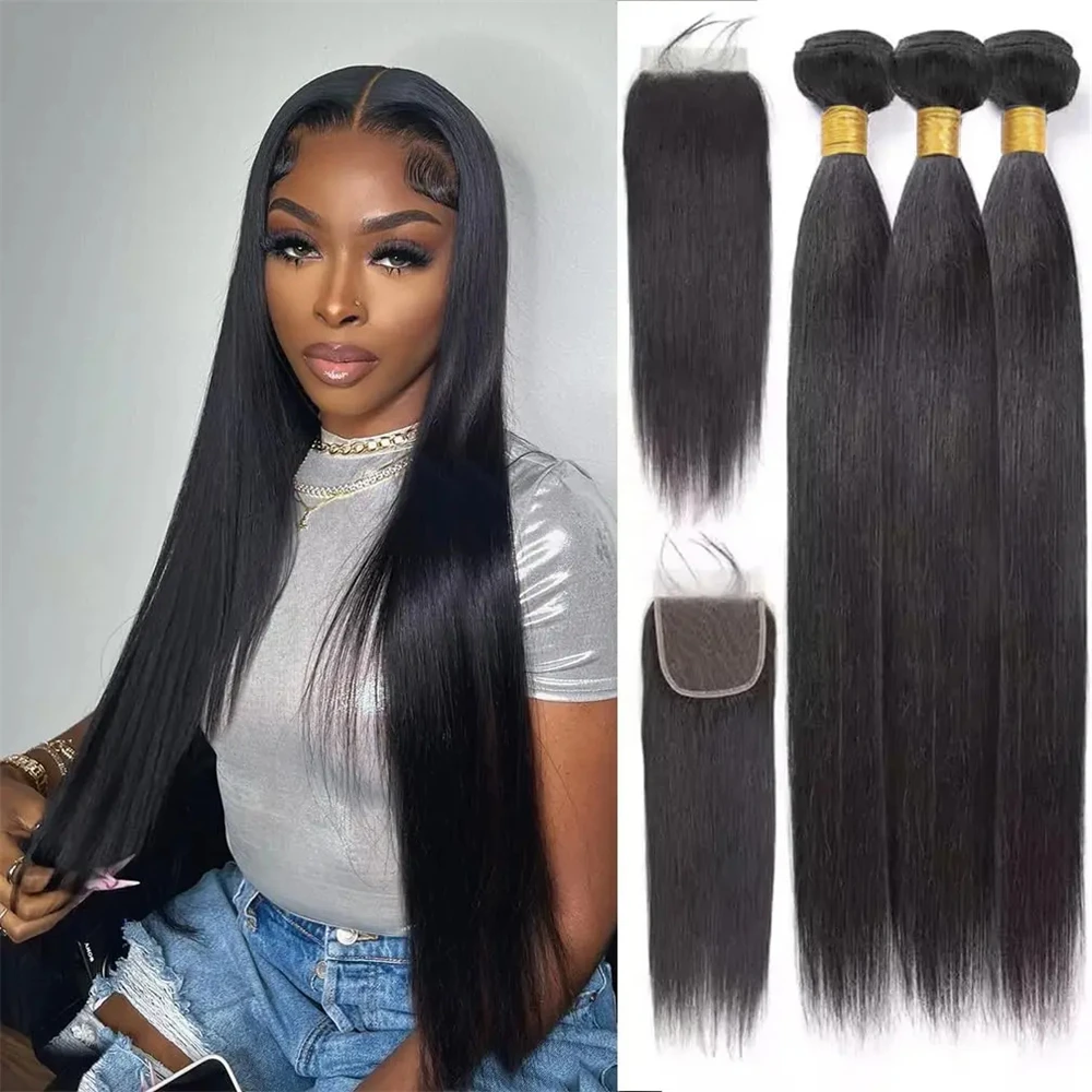 3 Bundles Remy Straight Human Hair Bundles With 4x4 Lace Closure Brazilian Transparent Preplucked 4x4 Lace Closure Hair Tissage