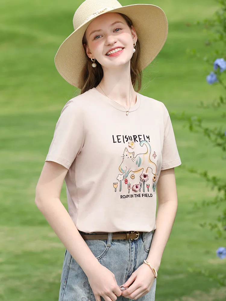 أعتقد أنك المرأة الكاكي لطيف القط تي شيرت مطبوع 2025 الصيف كول القطن تيز الجولة الرقبة مريحة بلايز عادية 2252015998