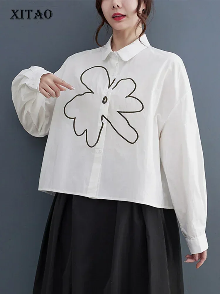 

XITAO Full Sleeve Casual Loose Shirt Fashion Embroidery Floral Simplicity Single Breasted 2025 Autumn Women New Shirt DMJ2469