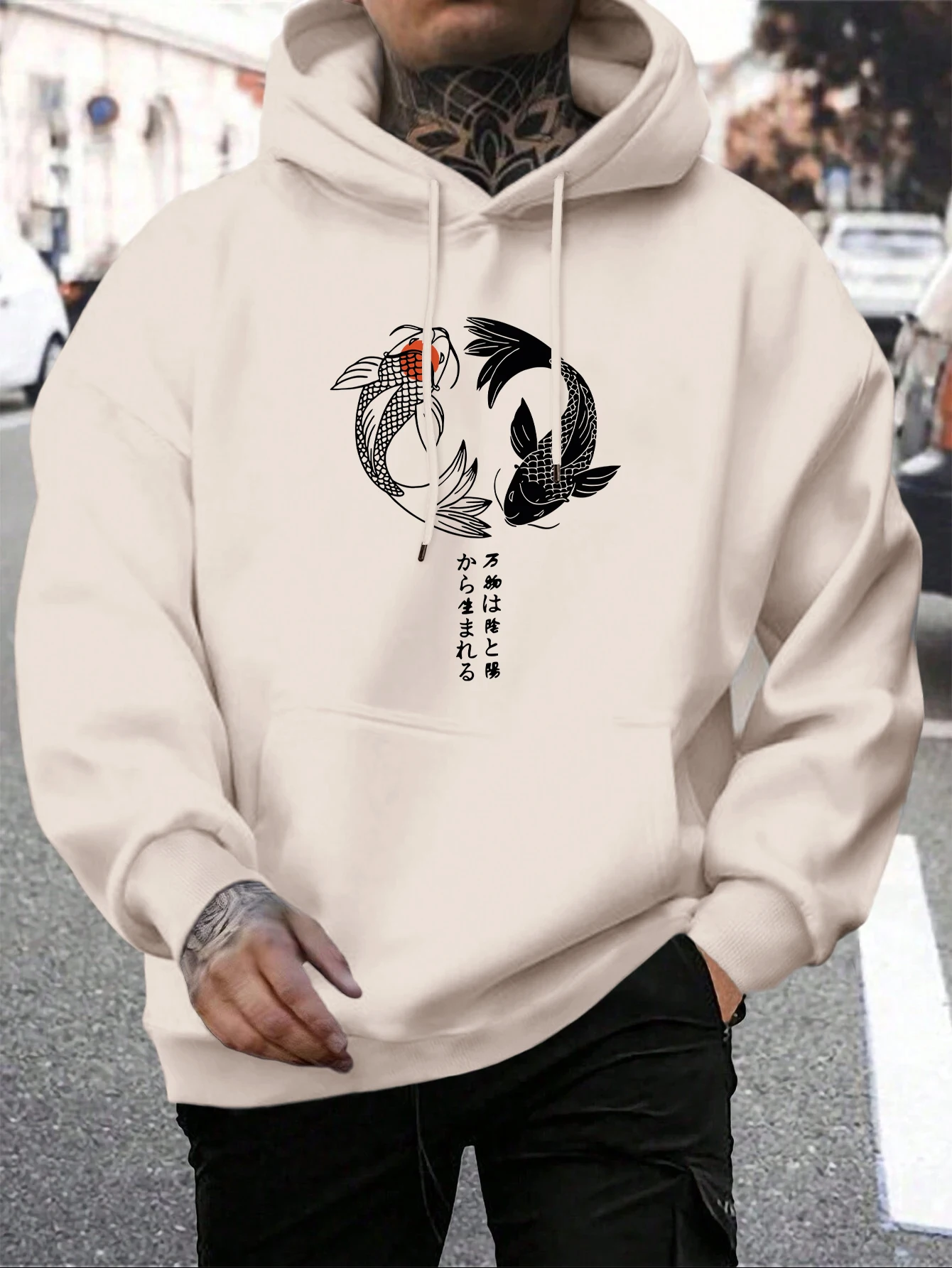 

Japanese Koi Harajuku Illustration Design Hoodiy Men Y2K Pocket Hoodies Casual All-Match Clothes Fleece Fashion Sportswear