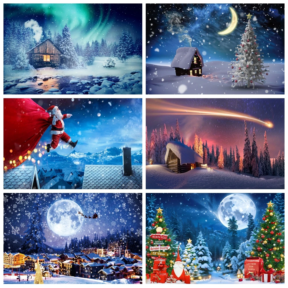 Winter Christmas Backdrop Starry Sky Moon Night Snowflake Pine Tree Forest Natural Scene Xmas kids Portrait Photo Background
