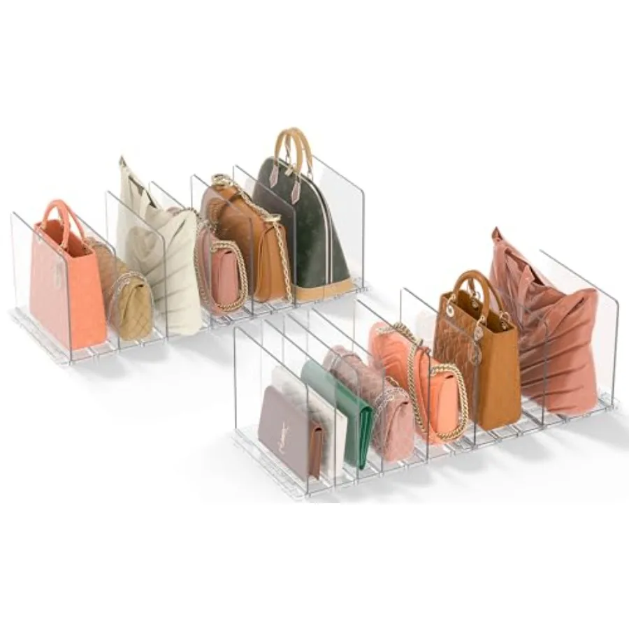 

Bag and Purse Organizer for Closet: 4 Sets Adjustable Clear Handbag Storage Shelf - Plastic Clutch Dividers Minimal Keep Purses