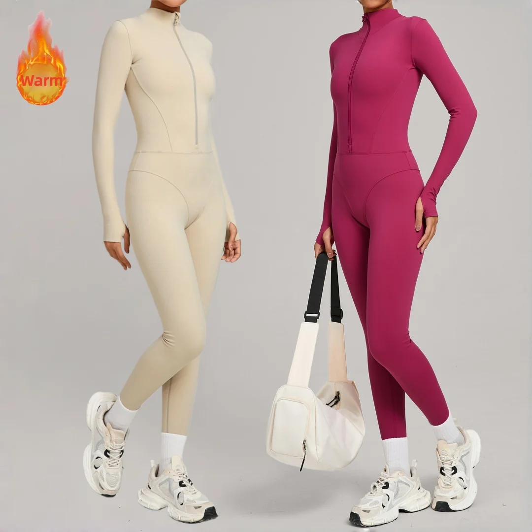 

Осень-зима, теплый флисовый комбинезон с воротником-стойкой и полумолнией для йоги, фитнес-персиковый бедра, тренировочная одежда для бега, тренажерный зал, боди для йоги
