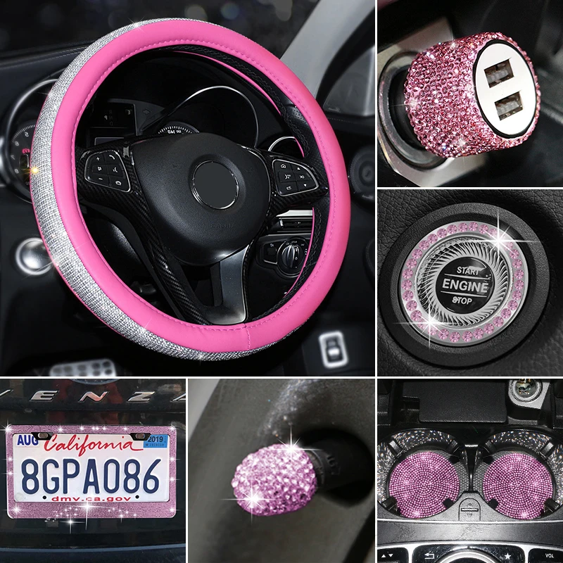 27Pcs Car Accessories Set Bling Steering Wheel Cover Gear Handbrake Cover Shoulder Armrest Pad Charger Vent Decor Stripcustom