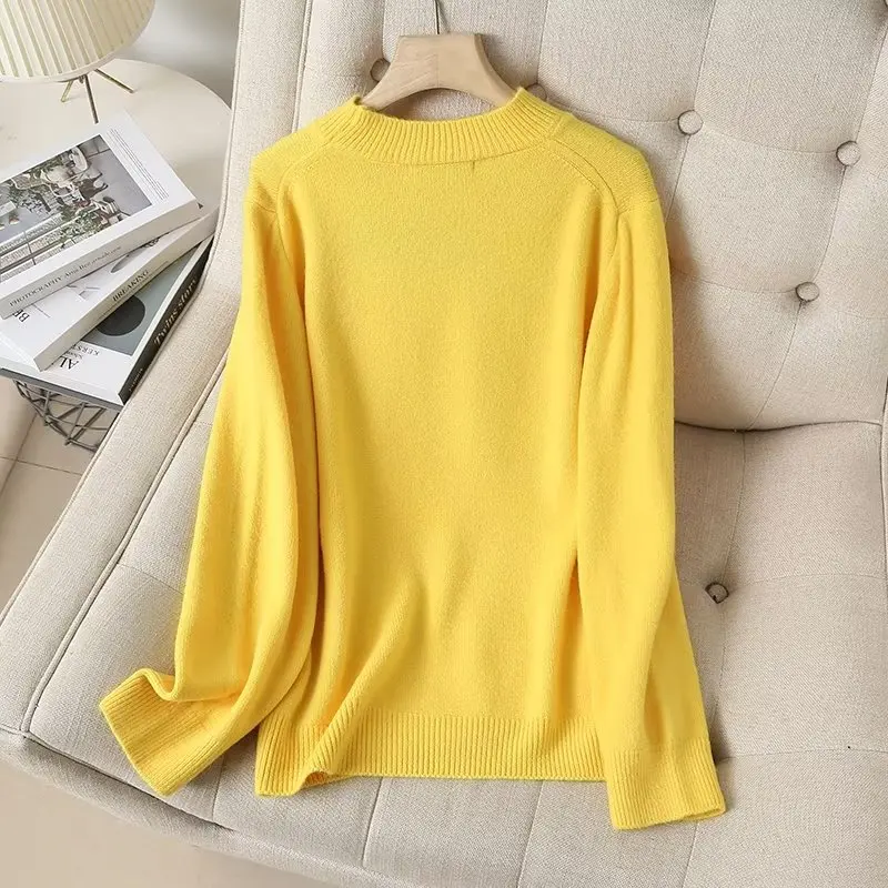 Maxdutti French Fashion Sweaters Elegant Yellow Color Round Neck Wool Sweaters Women Winter Pullovers Tops