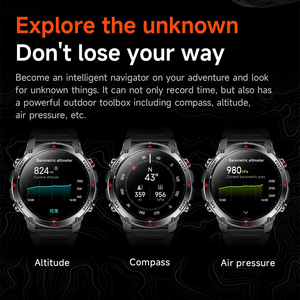 Rotundity Outdoors GPS Sports Smartwatch 30M Waterproof Compass Flashlight Altitude Pressure Blue Tooth Call Health Smart Watch