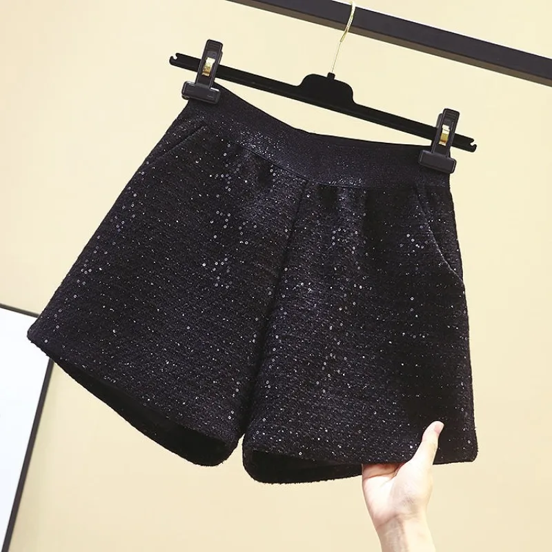 Korean Fashion Spring New Women\'s Elastic Waist Pockets Sequined Simplicity Versatile High Waist Loose A-line Wide Leg Shorts