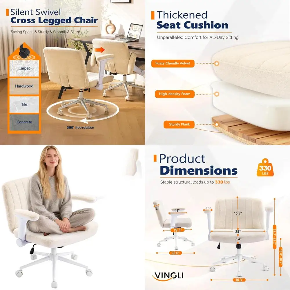 

Adjustable Arm Cross Leg Chair on Wheels, Wide Desk Seat for Home, Chenille Beige Vanity Chair