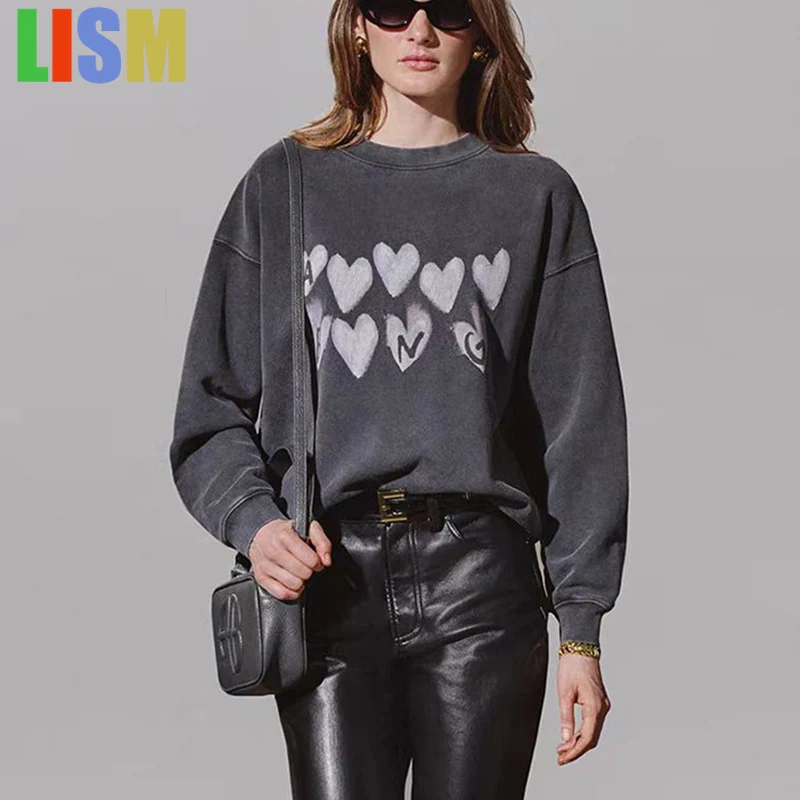 

LISM women's winter clothes y2k hoodies sweatshirt 2025 AB love letter printing washed color fried color women's sweater shirt