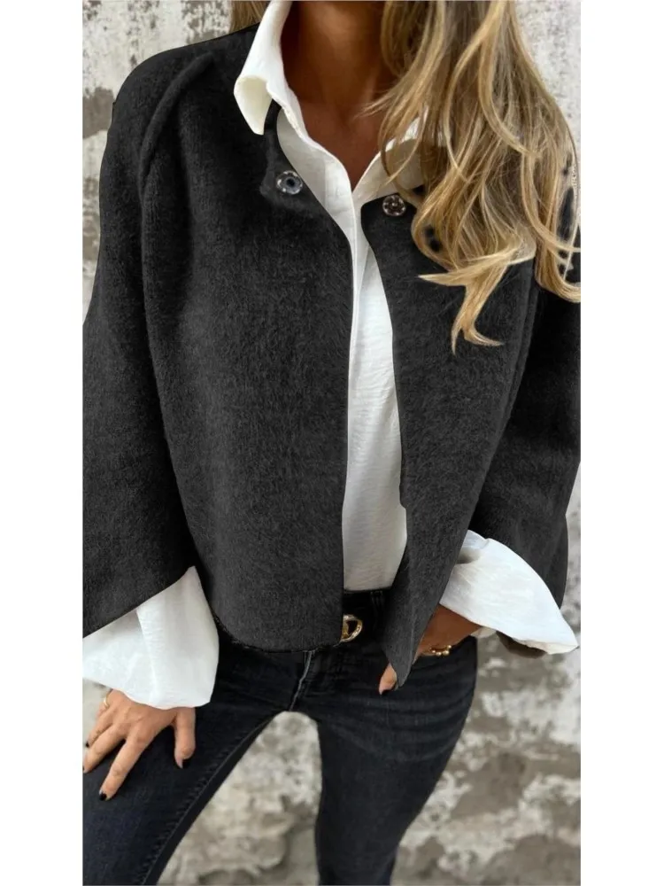 2024 Autumn Winter Loose Short Imitation Cashmere Long Sleeved Jacket Coat Women\'s Fashion Casual Solid Color Jacket