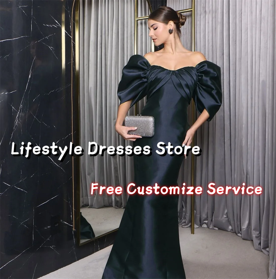 

Off Shoulder Satin Navy Blue Evening Dresses Pleat Mermaid Elegant Party Dress Customize Prom Gowns Vestidos Formal Dress