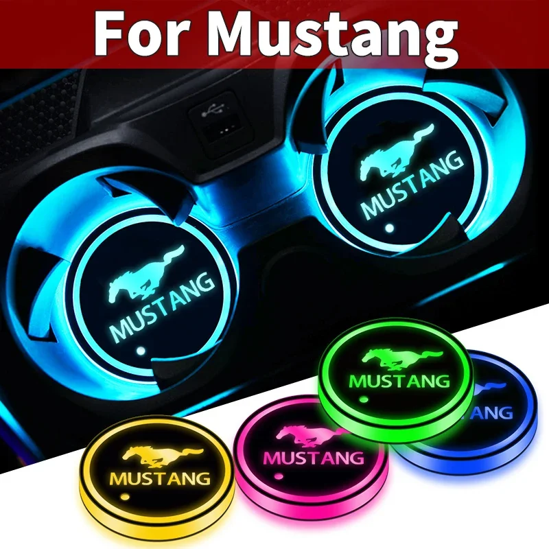 Car Cup Holder LED Light Car Cup Pad Colorful Light Coaster For Ford Mustang GT500 GT350 Cobra Shelby Focus mk2 mk3 Fiesta Logo