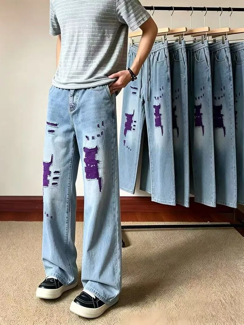 American High Street Spring Summer Lightweight Men's Fashion Retro Hole Denim Pants Loose Straight Small Design Sense