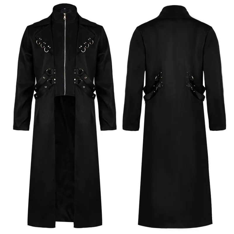 2025 Heren Steampunk Gothic Lange Trenchcoat Jas Double Breasted Rits Punk Tops Cosplay Middeleeuws Halloween Kostuum Zwart