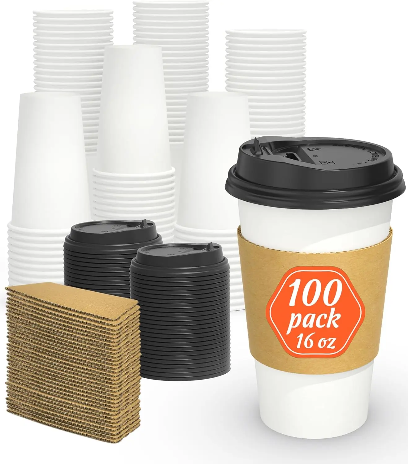 

100 Pack 16 oz Disposable Coffee Cups with Lids and Sleeves, Sturdy Thick Paper & Leak-free Insulated to Go Paper Hot Co