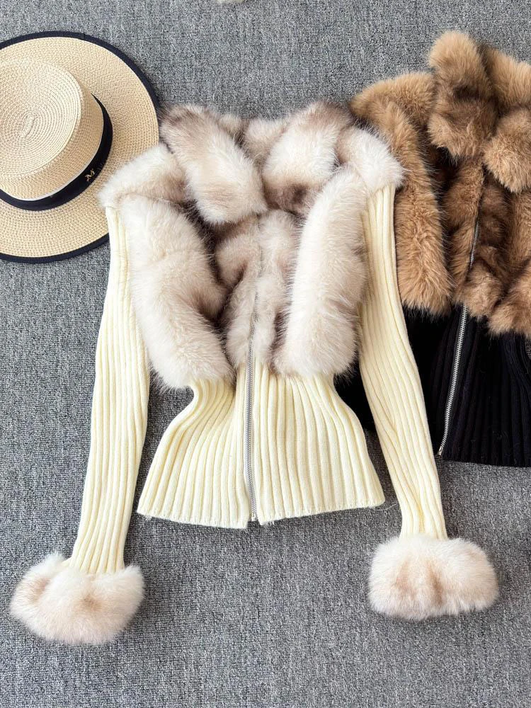 

Sli Fur Lined Long Sve Knitted Jaet Women's Winter Design Slim Fit Cardigan Ele Top Korean Sle Commute