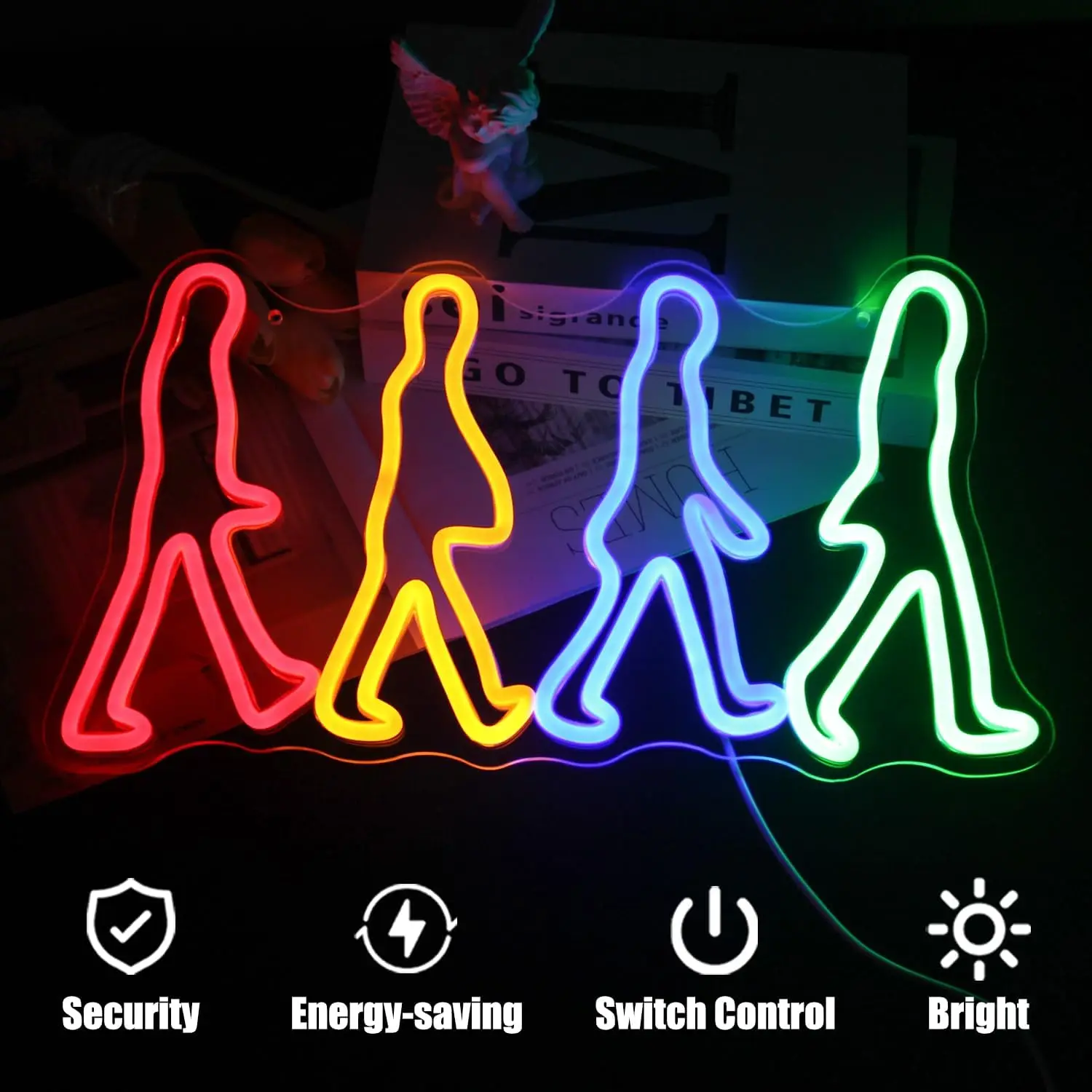 Beatles Neon Sign Four People Walking LED Neon Sign for Bedroom Wall Decor Neon Lights Signs for Game Room Beatles Fans Gift