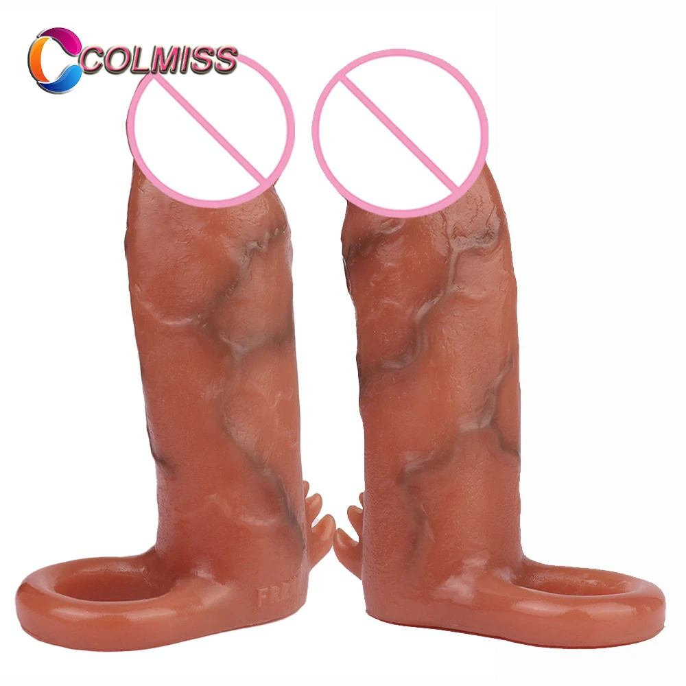 

COLMISS Reusable Condom Male Cock Sleeve Realistic Penis Sleeve Dick Enlargement Extender Silicone Hollow Dildo Sex Toys For Men