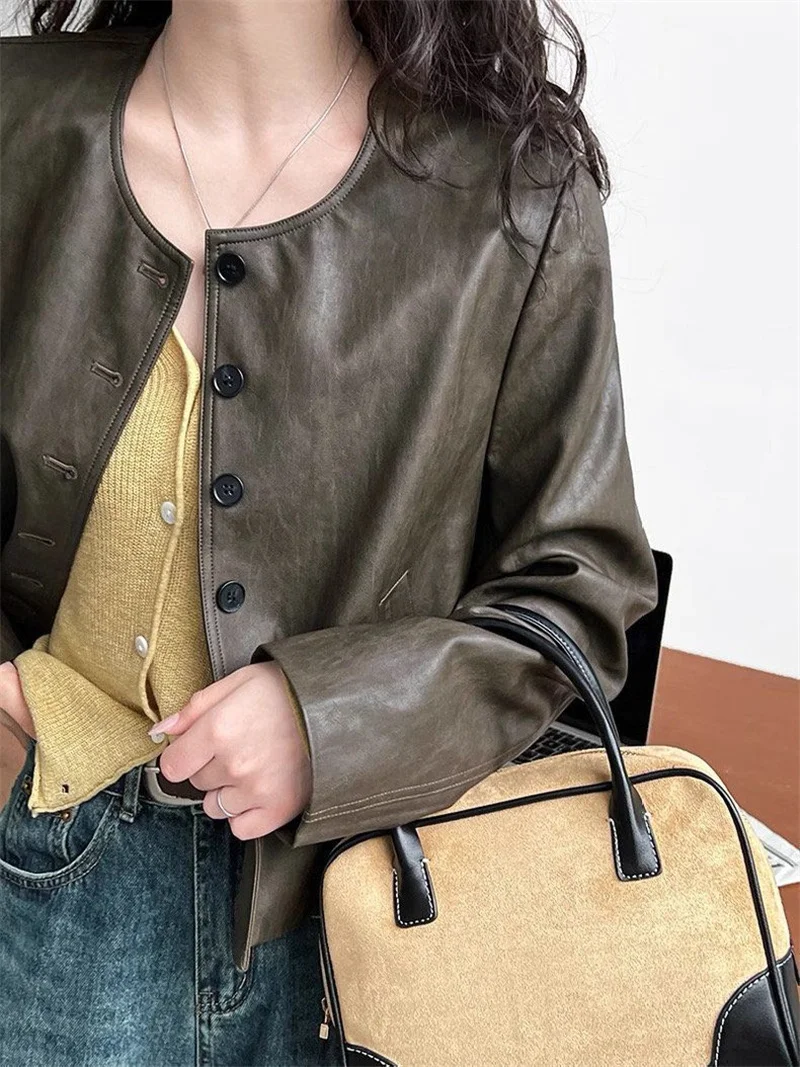 السترات النسائية جلد المرأة معطف قصير الربيع والخريف جوكر فضفاض واحدة الصدر بو دراجة نارية دعوى سترة جلدية المد