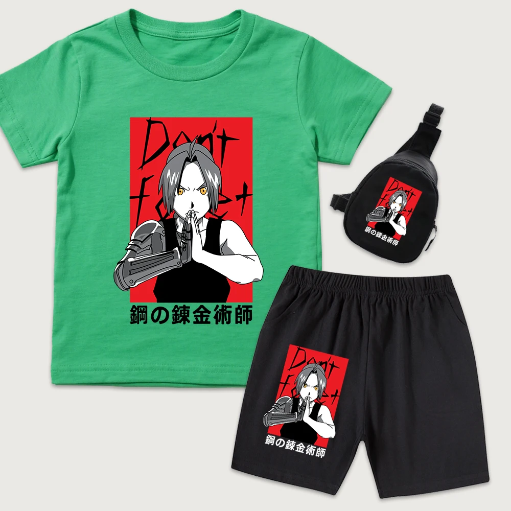 Full Metal Alchemist Edward Elric Anime Print Kids Cotton T Shirt and Shorts with Mini Bag 3 Piece Set for Boys Girls Daily Wear