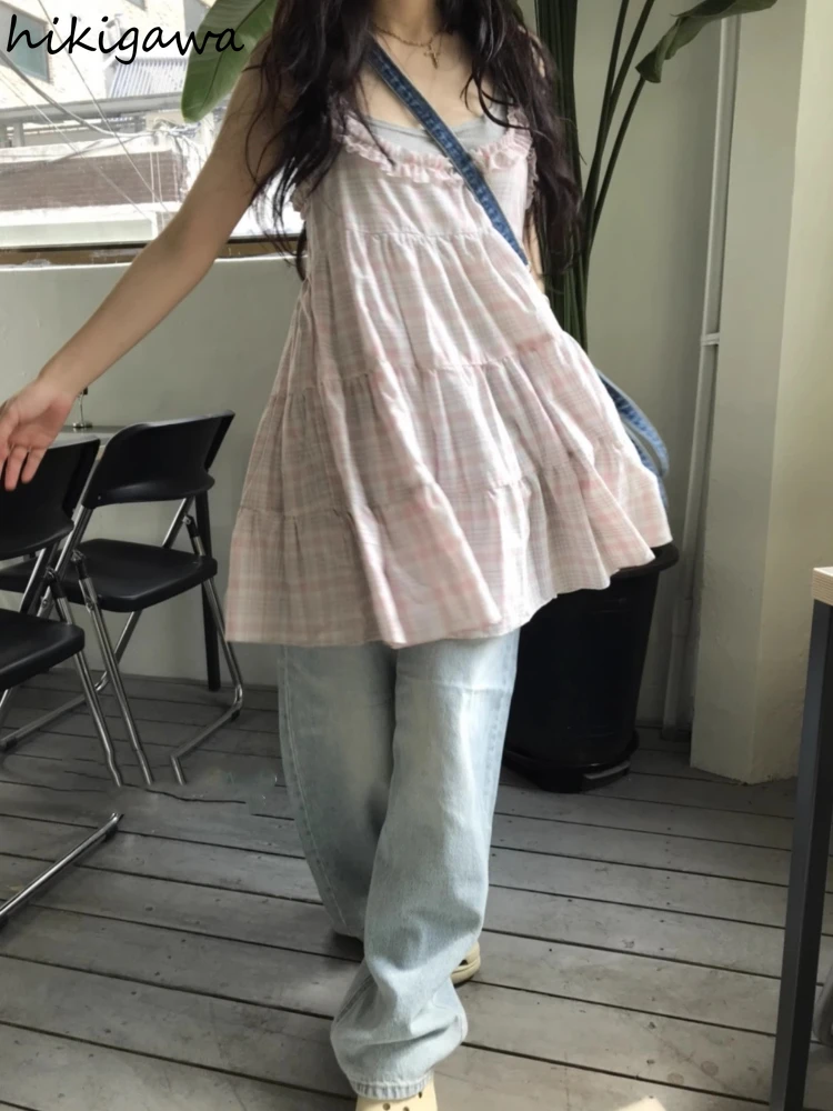 Korean Cute Robe Femme Fashion Summer Dresses for Women 2024 Vestidos De Mujer Backless Ruffles Casual Plaid Sling Mini Dress