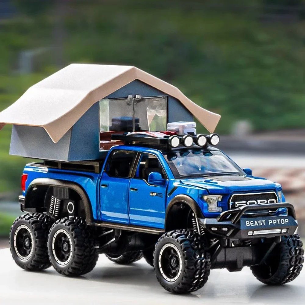 1:24 Scale Ford Raptor F150 Car Model Toy Metal Diecast Doors Opened Camping RV Light Sound Miniature Vehicle Kids Birthday Gift