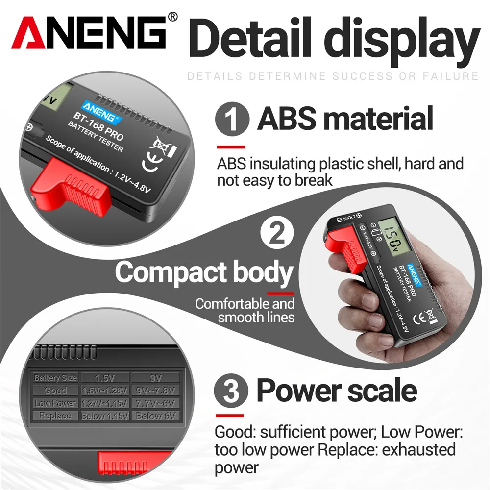 ANENG BT-168 PRO Digital Lithium Battery Capacity Tester Checkered Load Analyzer LCD Display For AAA AA 9V 1.5V 18650 Batteries