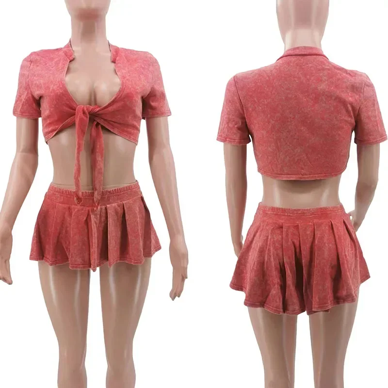 مجموعات طلب نادي الحفلات للنساء مكونة من قطعتين طقم ملابس صيفي برباط علوي وتنورة قصيرة أطقم Conjuntos Para Vestir #6