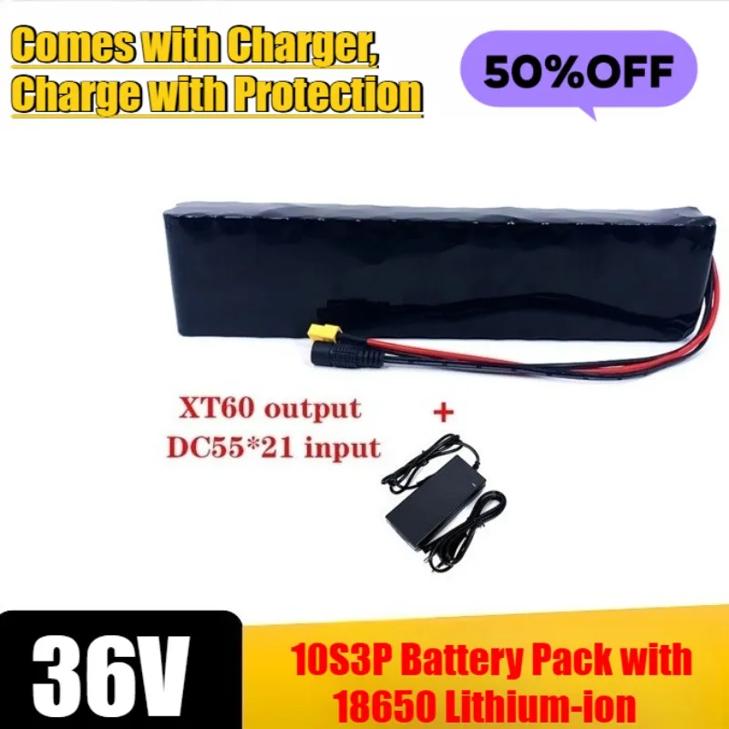 

36V 10000mAh 10S3P Battery Pack with 18650 Lithium-ion Cells, Comes with Charger, Charge with Protection