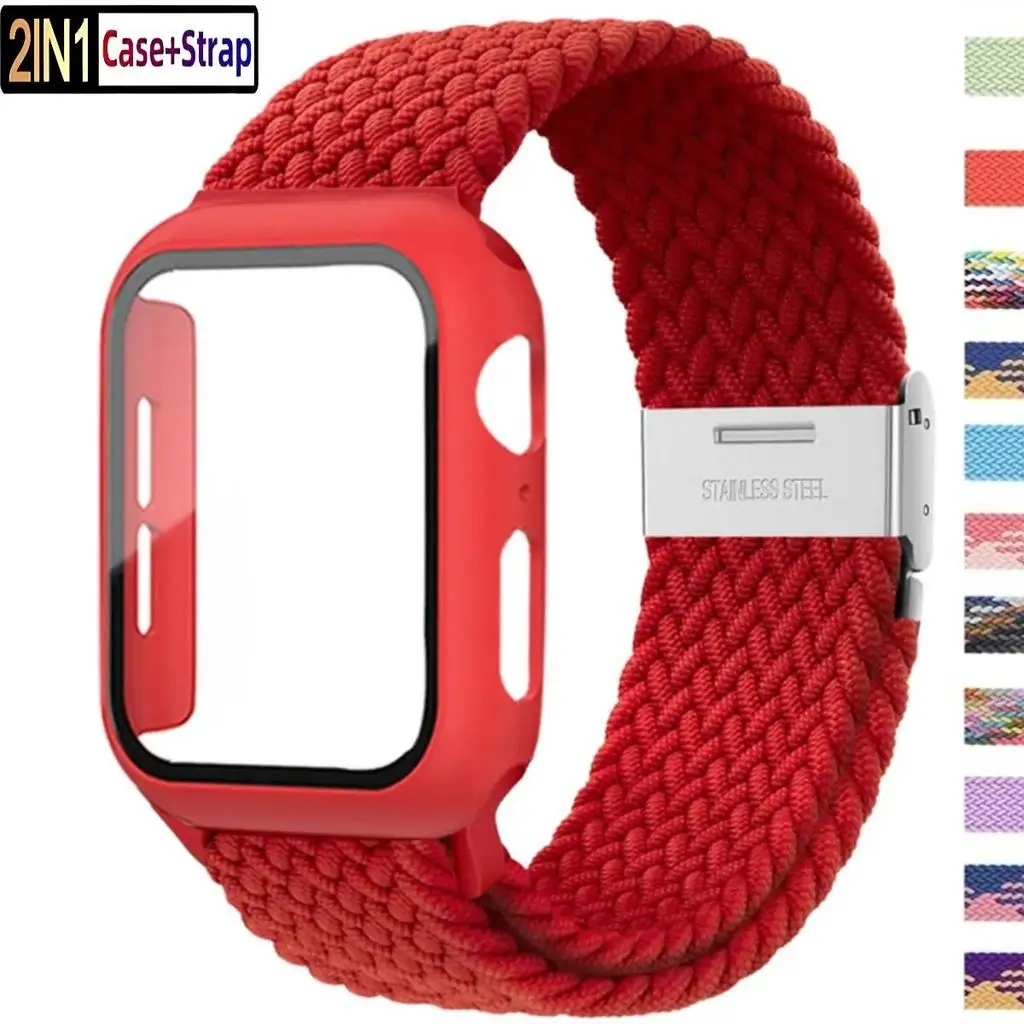 Nylonarmband + Hülle für Apple Watch S11 S10 46 mm Ultra3 49 mm, elastisches geflochtenes Band für iWatch Serie SE3 44/40 mm 45/41 mm 42/38 mm