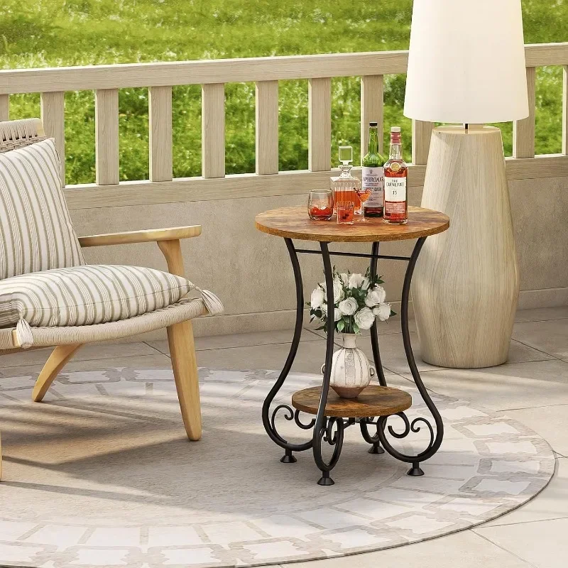 

Small Round Side Table with Lower Shelf, Portable End Table for Small Spaces - Couch Sofa Coffee Table/Bedside Nightstand