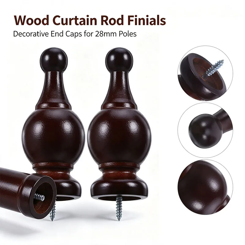 2PCS Wood Curtain Rod Finials, Screw On Drapery Rod End Caps Replacement Decorative Window Treatment Finials for 28mm/1.1in Pole