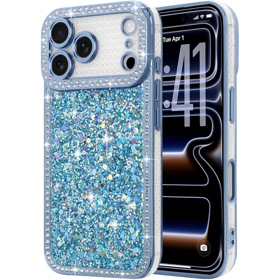 

Glitter Shiny Bling Sparkly Bumper Phone Case with Crystal Diamonds for iPhone 17 Pro 6.3 - Elegant Protective
