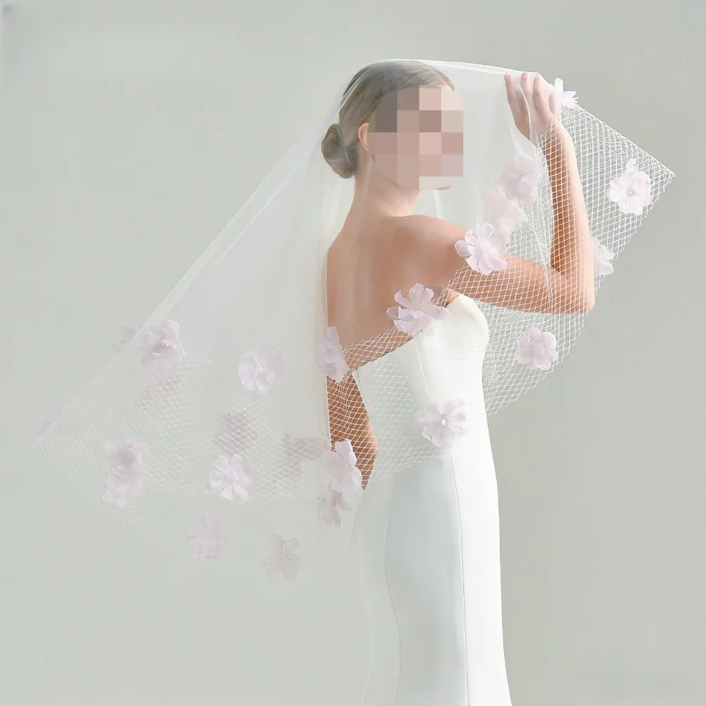 Korean Style Fairy 3D Flower Mesh Bridal Veil Waltz Veil No Comb Ivory Wedding Veil for Wedding Dresses Wedding Accessories